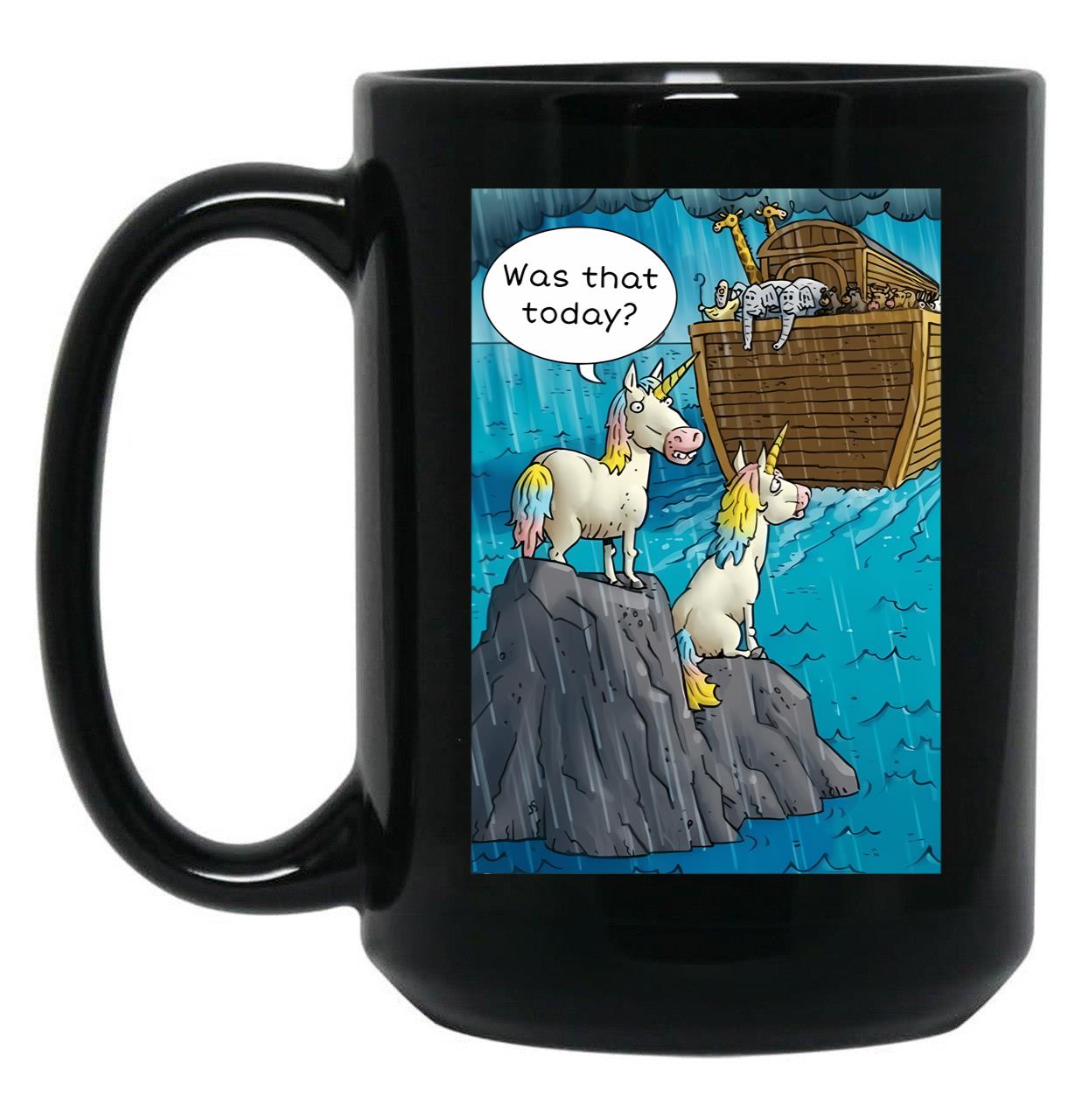 Cute Funny Noahs Ark Unicorn Tee Shurt Black Coffee Mug, Gift Coffee Mug