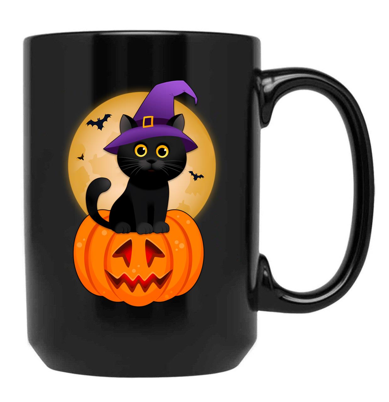Cute Halloween Black Cat Witch Hat Pumpkin For Kids Girls Black Coffee Mug, Gift Coffee Mug