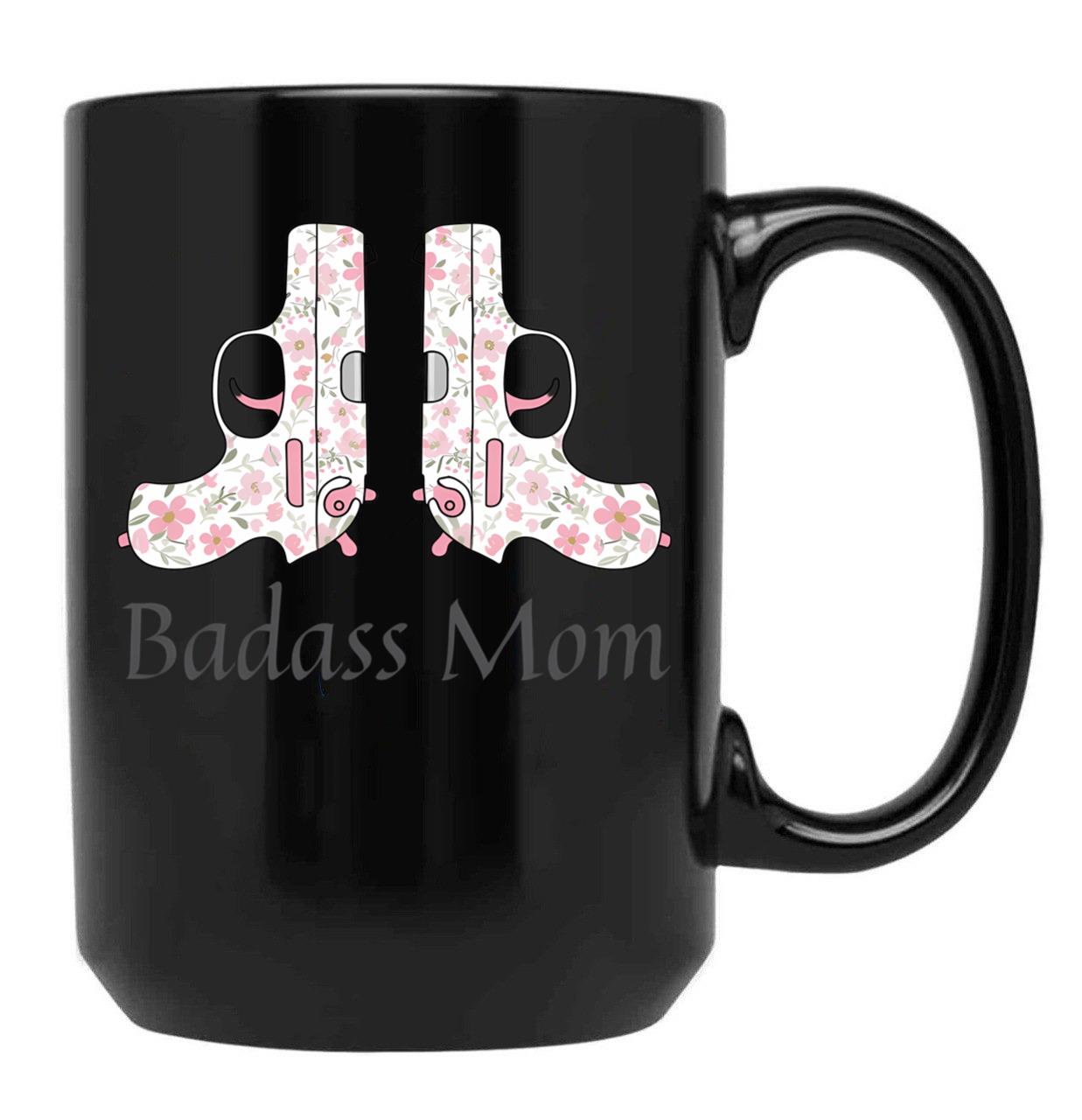 Cute Pink Gun For Badass Mom Black Coffee Mug, Gift Coffee Mug