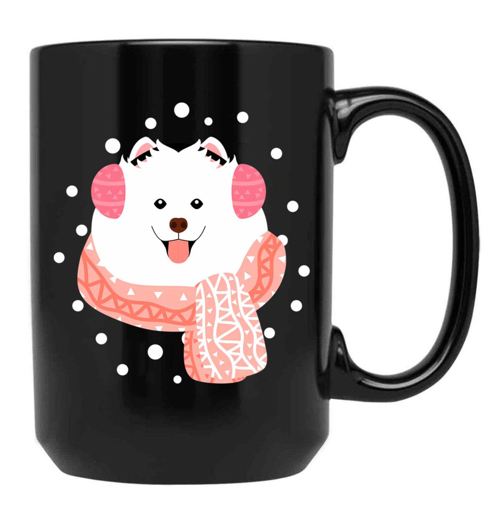 Cute Samoyed Dog In Snow Black Coffee Mug, Gift Coffee Mug