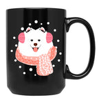 Cute Samoyed Dog In Snow Black Coffee Mug, Gift Coffee Mug