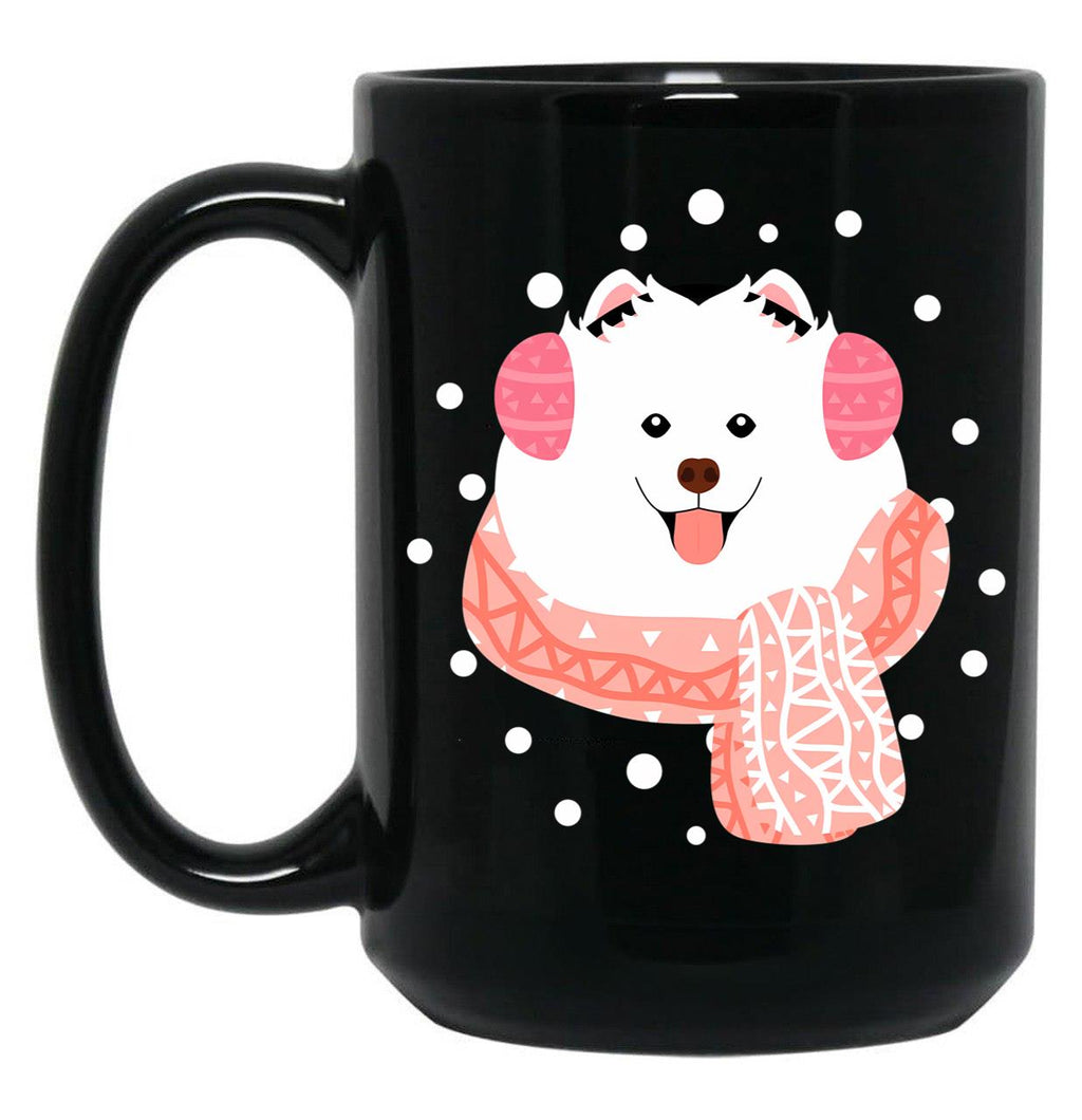 Cute Samoyed Dog In Snow Black Coffee Mug, Gift Coffee Mug