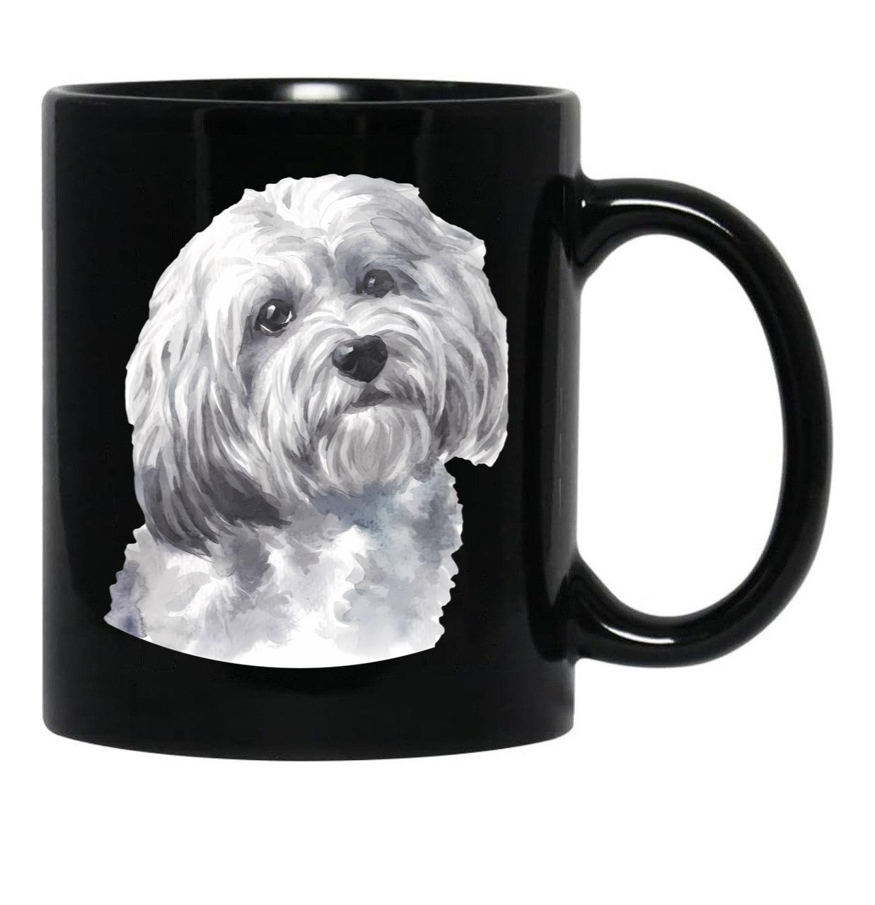 Cute White Havanese Watercolor Art Black Coffee Mug, Gift Coffee Mug - Black