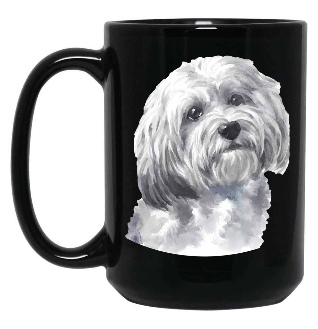 Cute White Havanese Watercolor Art Black Coffee Mug, Gift Coffee Mug