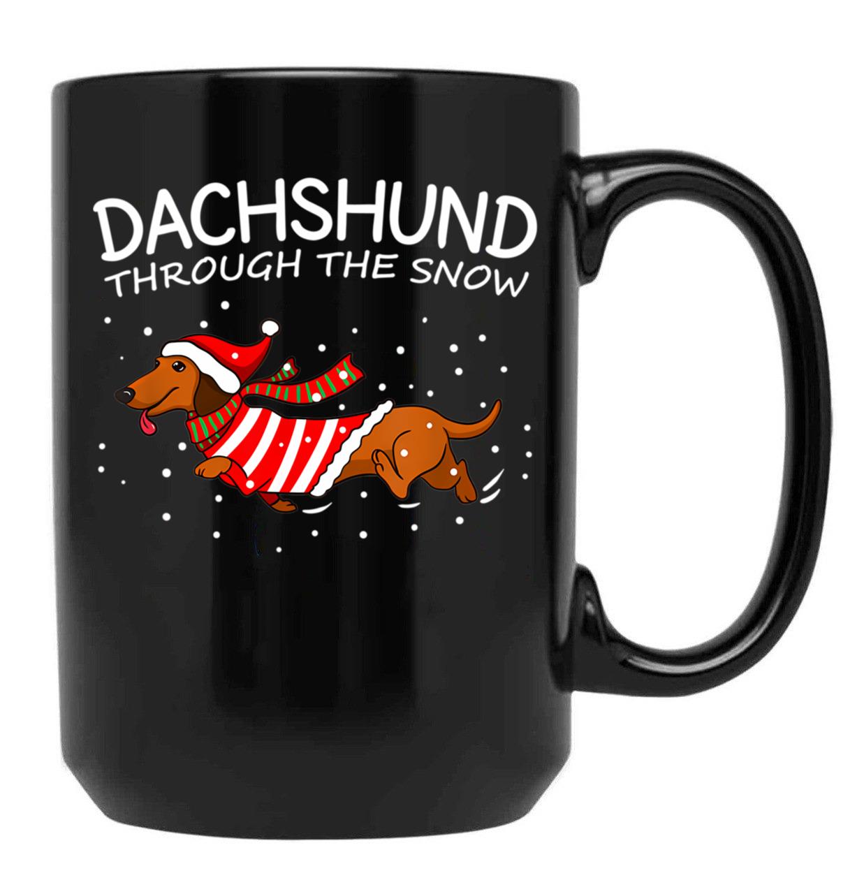 Dachshund Through The Snow Funny Dog Christmas Black Coffee Mug, Gift Coffee Mug
