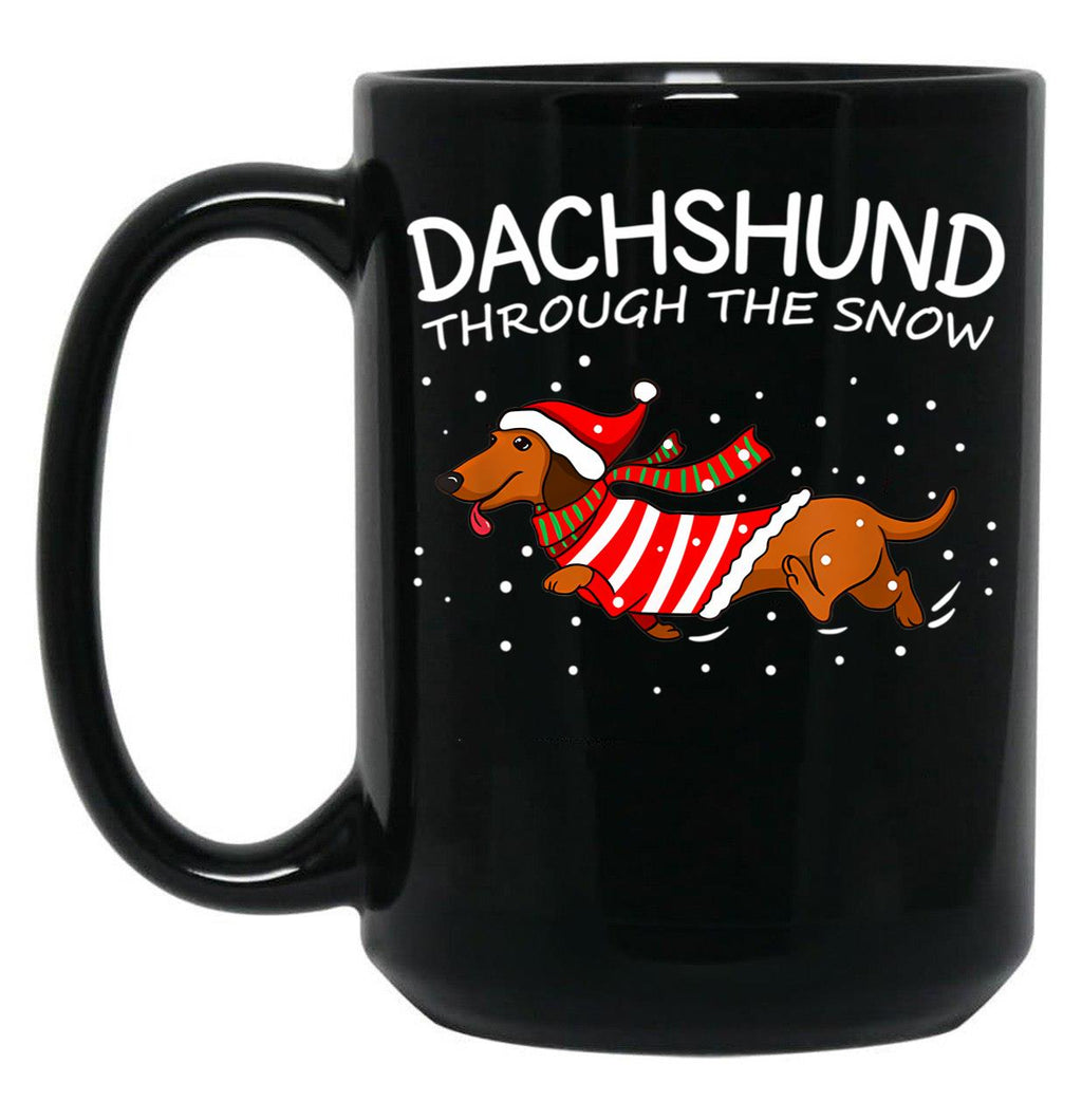 Dachshund Through The Snow Funny Dog Christmas Black Coffee Mug, Gift Coffee Mug