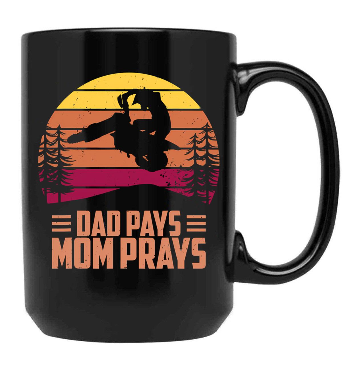 Dad Pays Mom Prays Motocross Off Road Dirt Bike Black Coffee Mug, Gift Coffee Mug