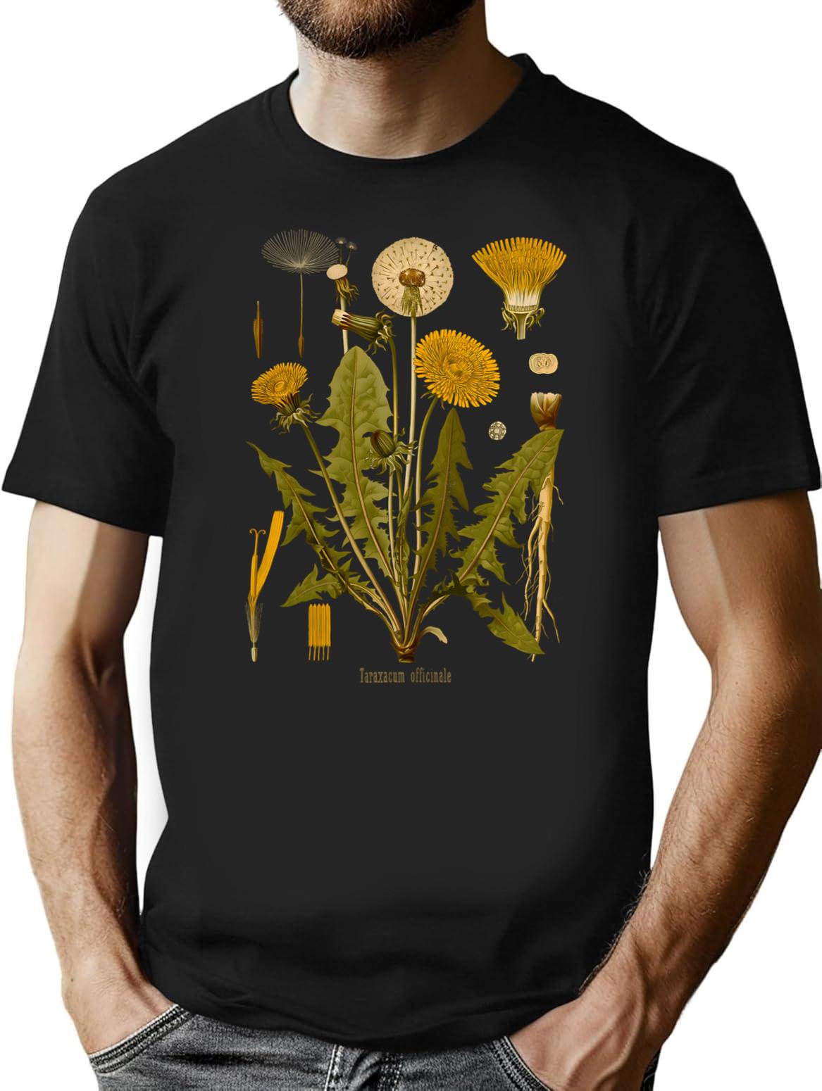 Dandelion Antique Botanical Illustration T-Shirt for Men & Women, T-Shirts Graphic Tee - Black