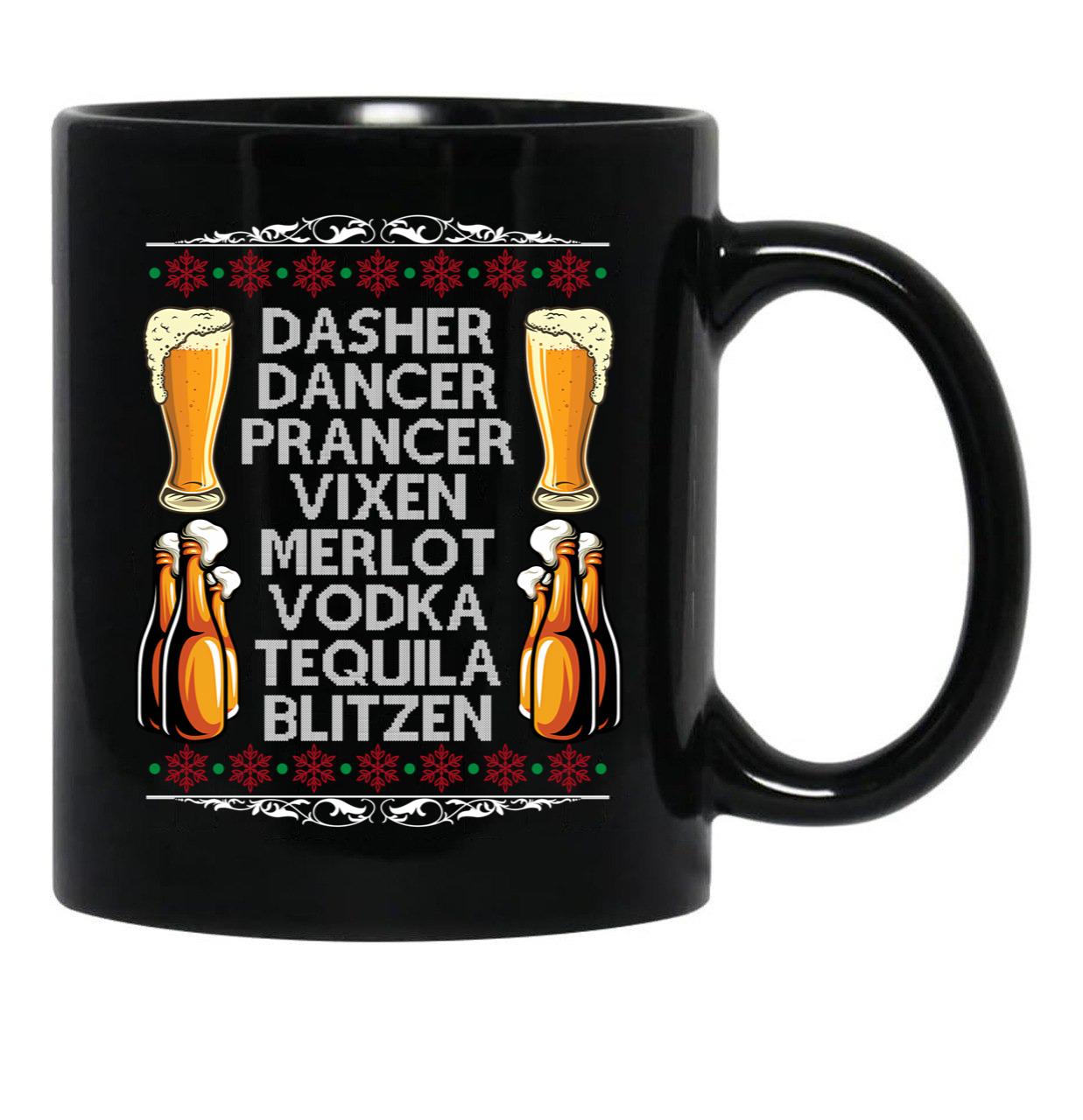 Dasher Vodka Blitzen Alcohol Reindeer Funny Christmas Meme Pullover Black Coffee Mug, Gift Coffee Mug - Black
