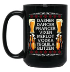 Dasher Vodka Blitzen Alcohol Reindeer Funny Christmas Meme Pullover Black Coffee Mug, Gift Coffee Mug