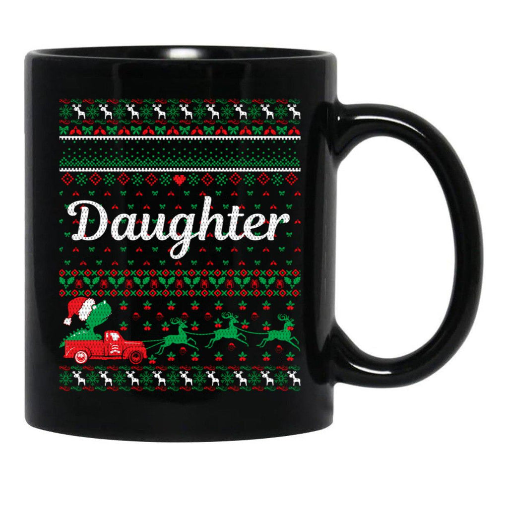 Daughter T-Rex Green And Red Ugly Christmas Sweather Black Coffee Mug - Black