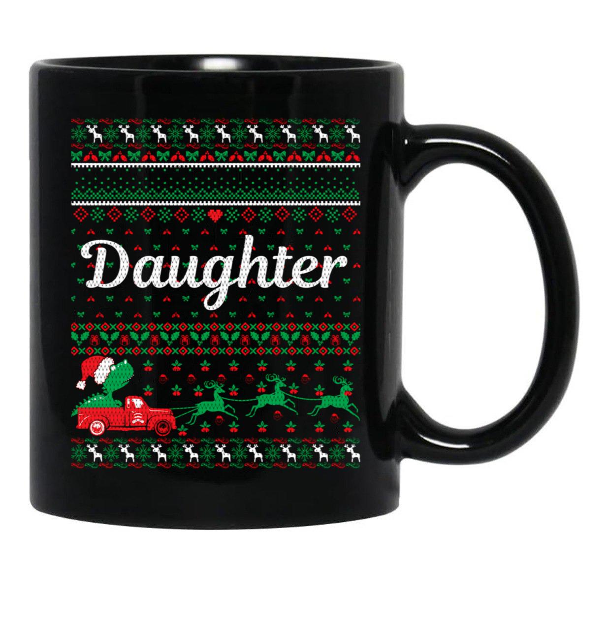 Daughter T-Rex Green And Red Ugly Christmas Sweather Black Coffee Mug - Black