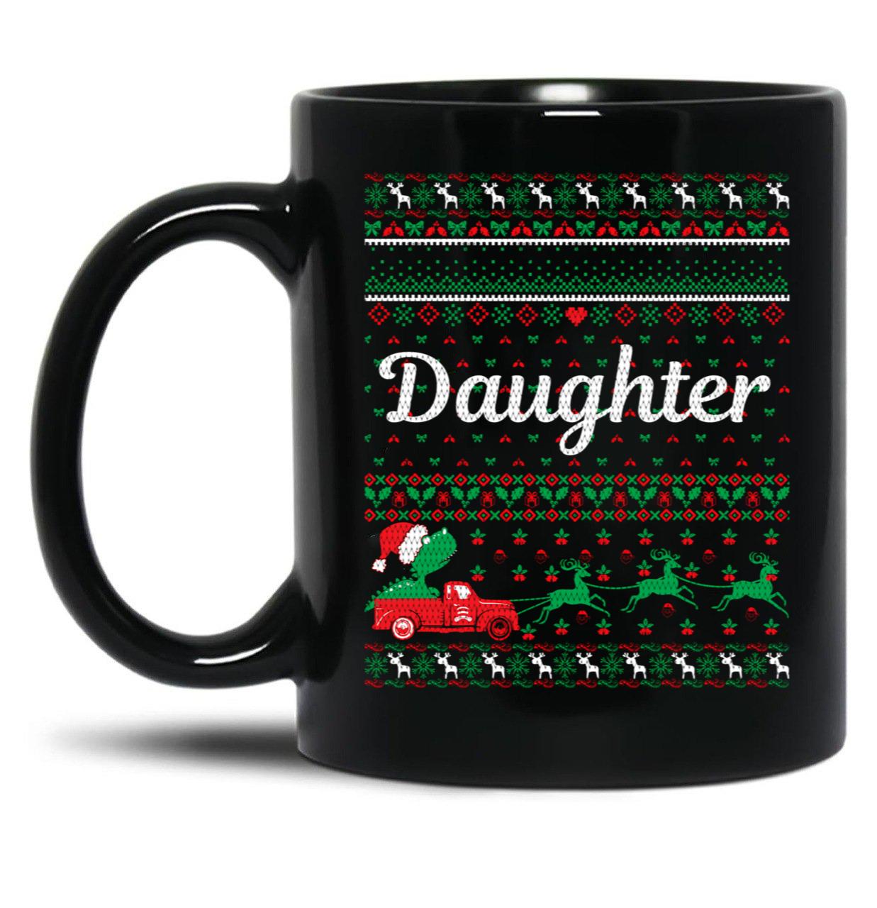 Daughter T-Rex Green And Red Ugly Christmas Sweather Black Coffee Mug