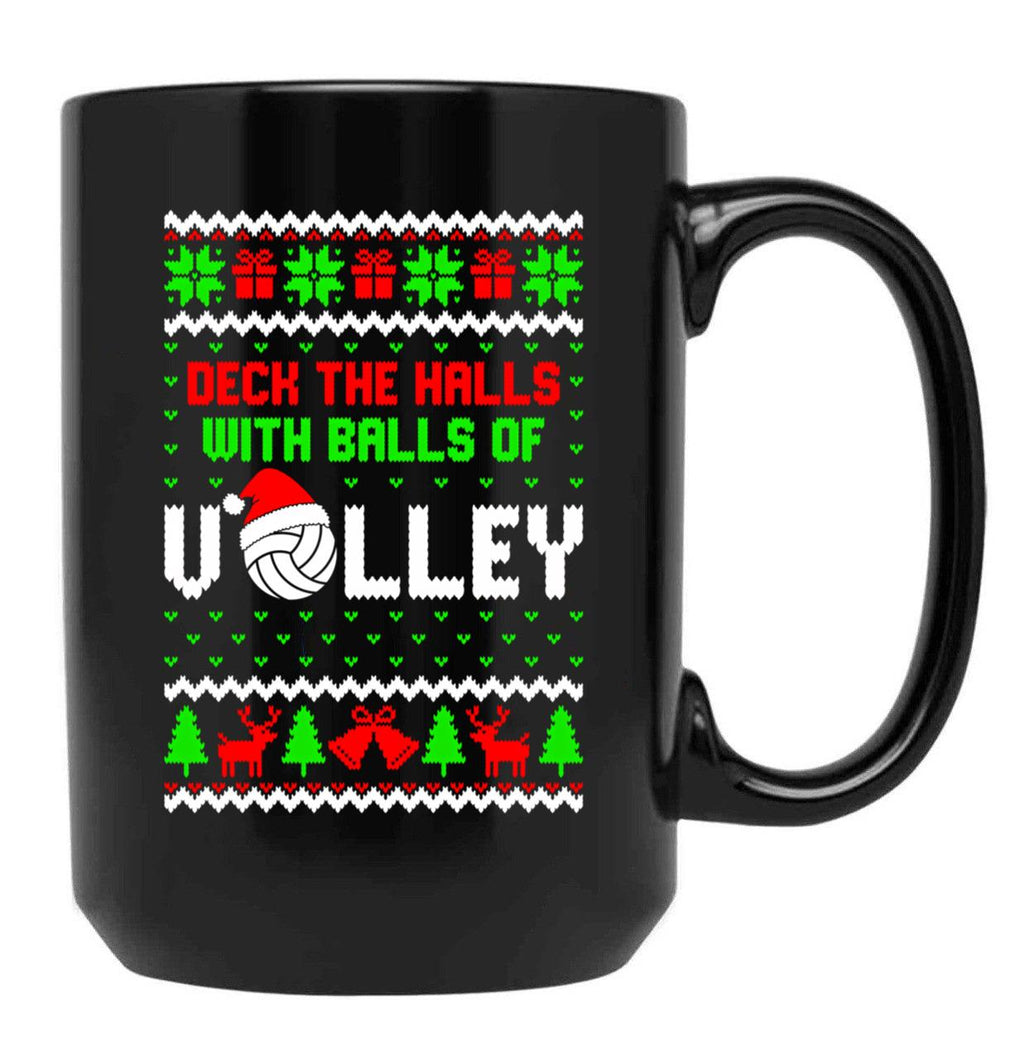 Deck The Halls With Balls Of Volley Funny Holiday Black Coffee Mug, Gift Coffee Mug