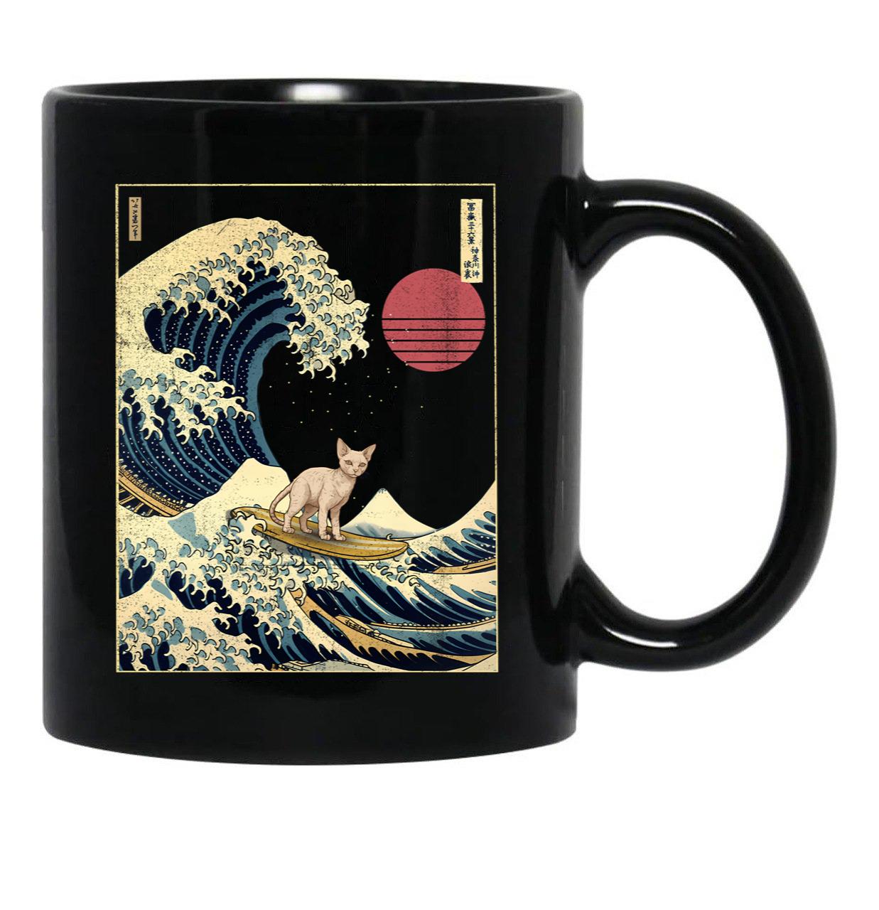 Devon Rex Kanagawa Japanese Surfing Wave Black Coffee Mug, Gift Coffee Mug - Black