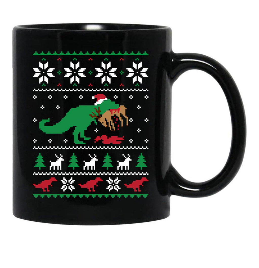 Dinosaur Ugly Christmas Sweater - Funny Christmas Gift Black Coffee Mug, Gift Coffee Mug - Black