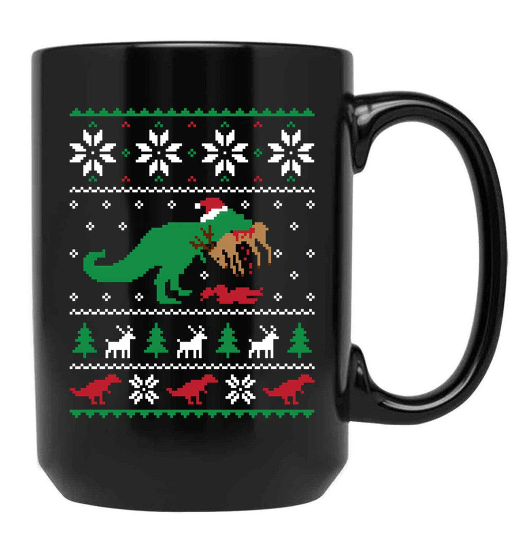 Dinosaur Ugly Christmas Sweater - Funny Christmas Gift Black Coffee Mug, Gift Coffee Mug