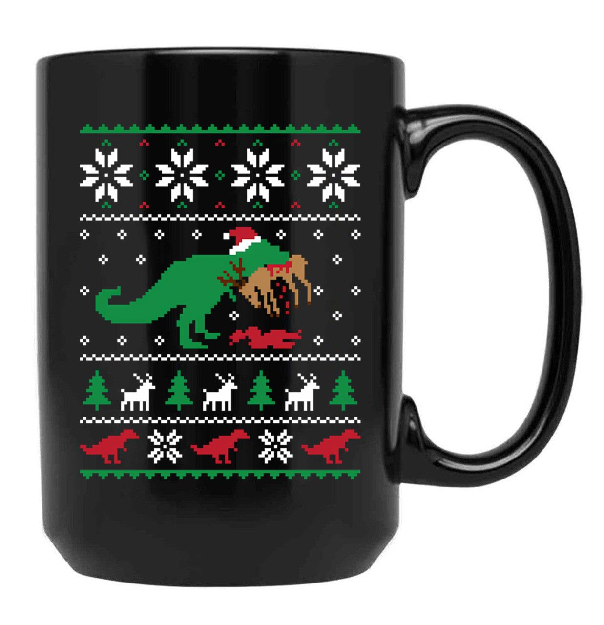 Dinosaur Ugly Christmas Sweater - Funny Christmas Gift Black Coffee Mug, Gift Coffee Mug