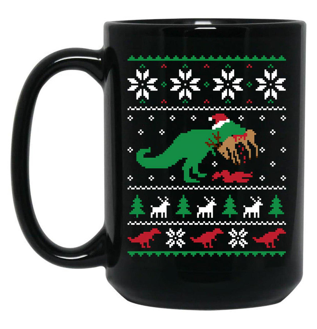 Dinosaur Ugly Christmas Sweater - Funny Christmas Gift Black Coffee Mug, Gift Coffee Mug