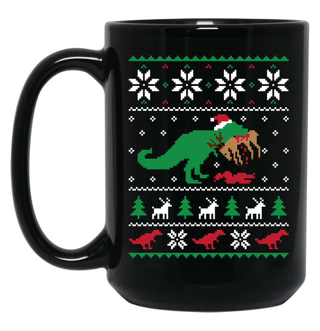 Dinosaur Ugly Christmas Sweater - Funny Christmas Gift Black Coffee Mug, Gift Coffee Mug