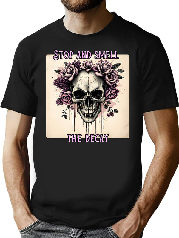Distressed Skull With Flowers T-Shirt for Men & Women, T-Shirts Graphic Tee - Black