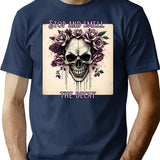 Distressed Skull With Flowers T-Shirt for Men & Women, T-Shirts Graphic Tee - Navy