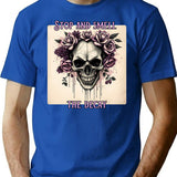 Distressed Skull With Flowers T-Shirt for Men & Women, T-Shirts Graphic Tee - Blue
