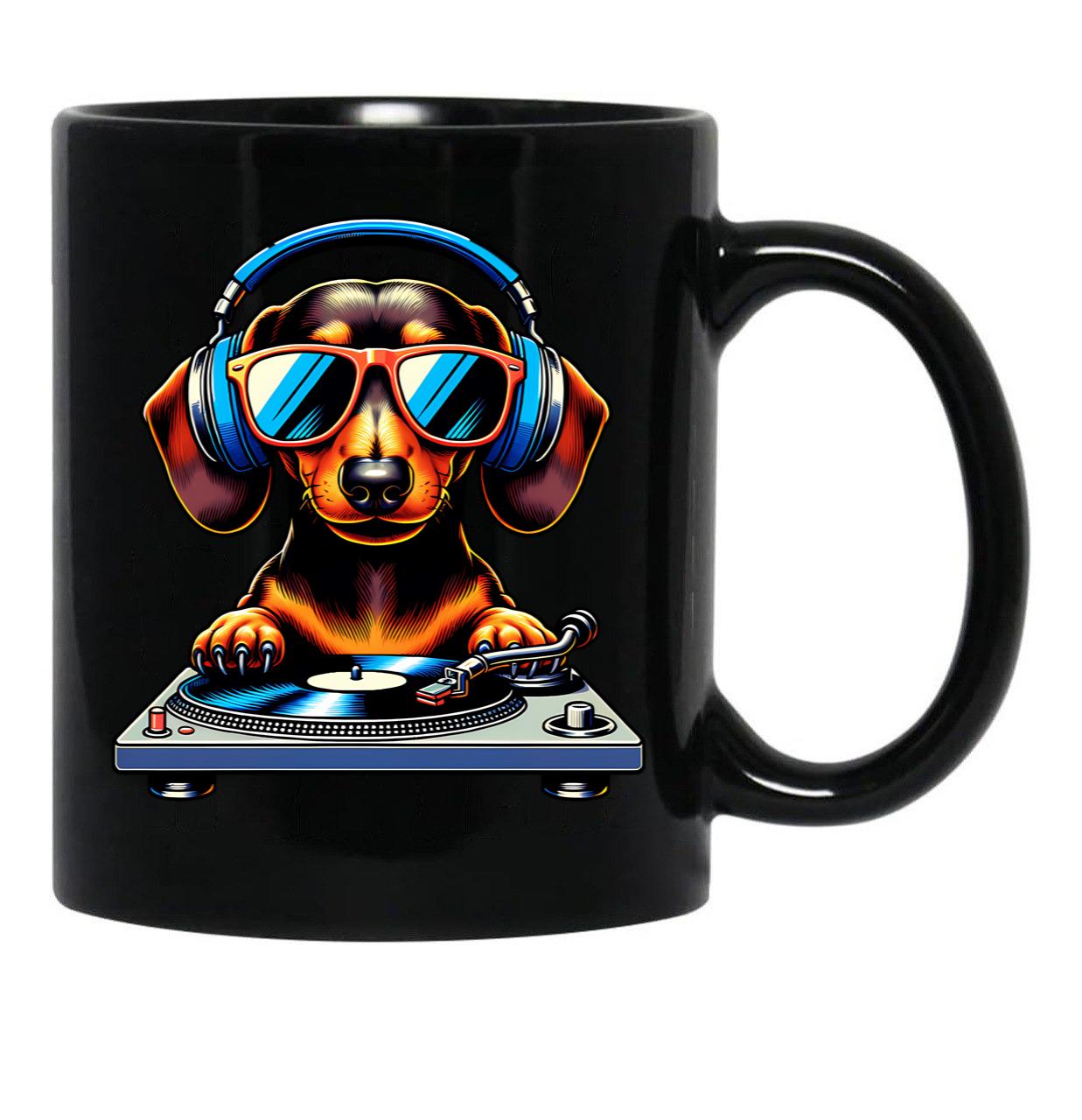 Dj Dachshund Dog Black Coffee Mug, Gift Coffee Mug - Black