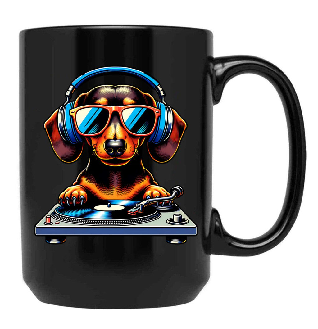 Dj Dachshund Dog Black Coffee Mug, Gift Coffee Mug