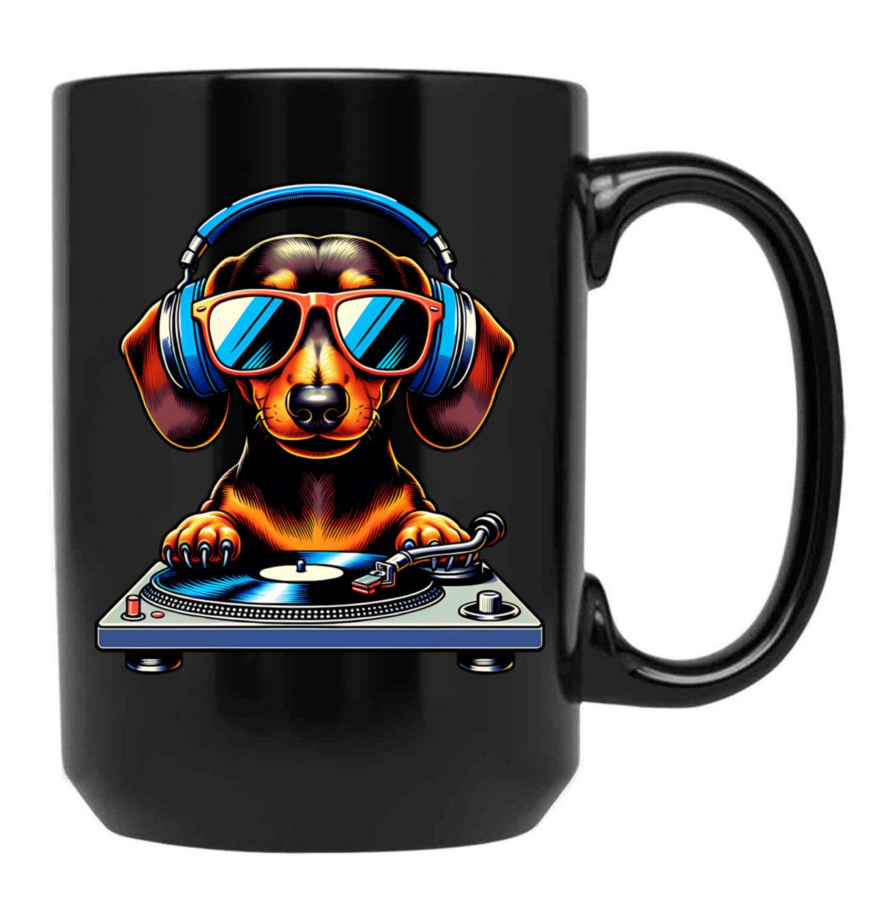 Dj Dachshund Dog Black Coffee Mug, Gift Coffee Mug
