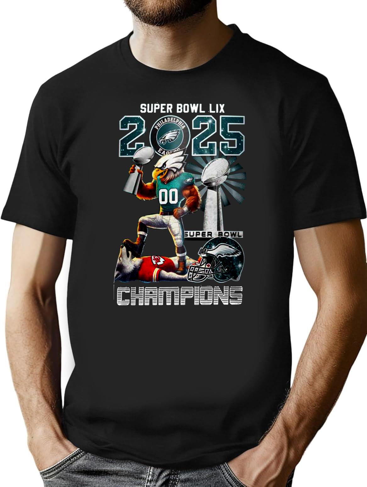 Eagles Super Bowl LIX 2025 Champions 3D Shirt Premium Heavyweight Cotton T-Shirt - Black