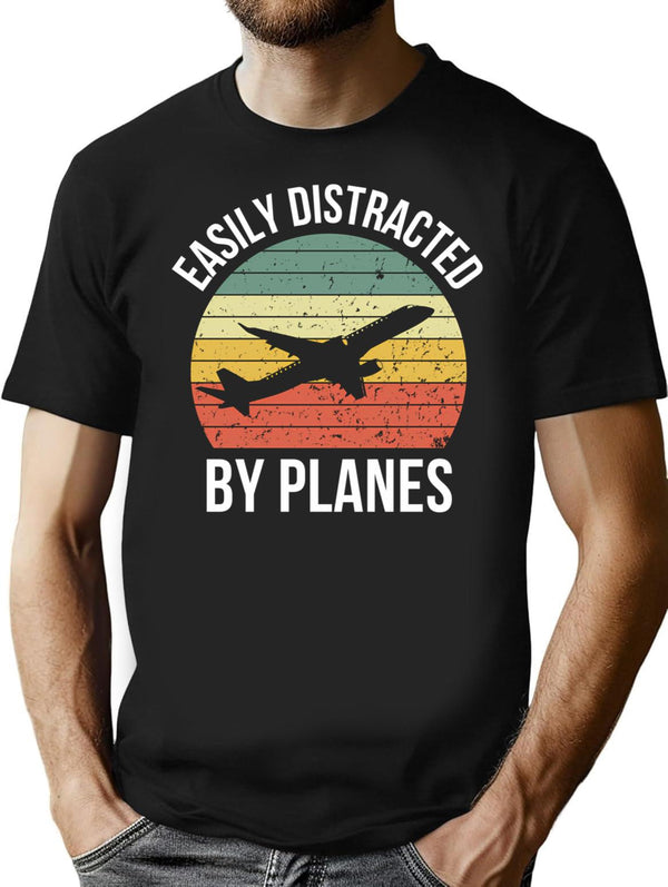 Easily Distracted By Planes Vintage ( Pilot Gift ) T-Shirt for Men & Women, T-Shirts Graphic Tee - Black
