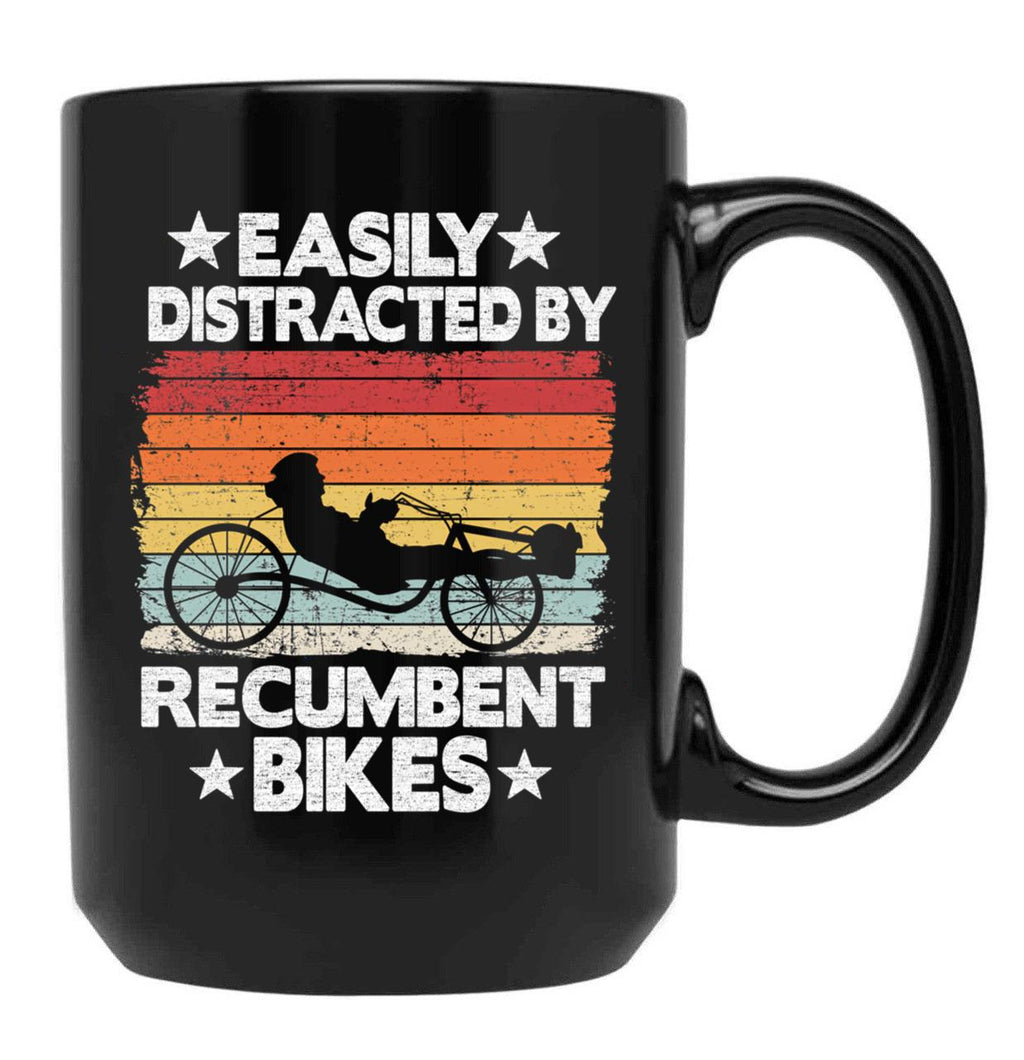 Easily Distracted By Recumbent Bikes Funny Recumbent Bike Black Coffee Mug, Gift Coffee Mug