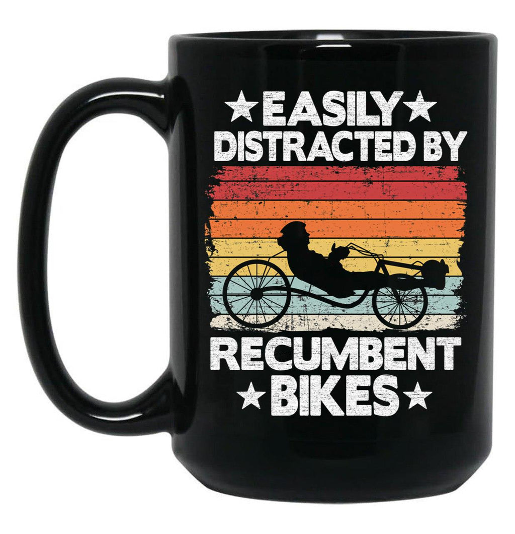 Easily Distracted By Recumbent Bikes Funny Recumbent Bike Black Coffee Mug, Gift Coffee Mug