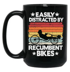 Easily Distracted By Recumbent Bikes Funny Recumbent Bike Black Coffee Mug, Gift Coffee Mug