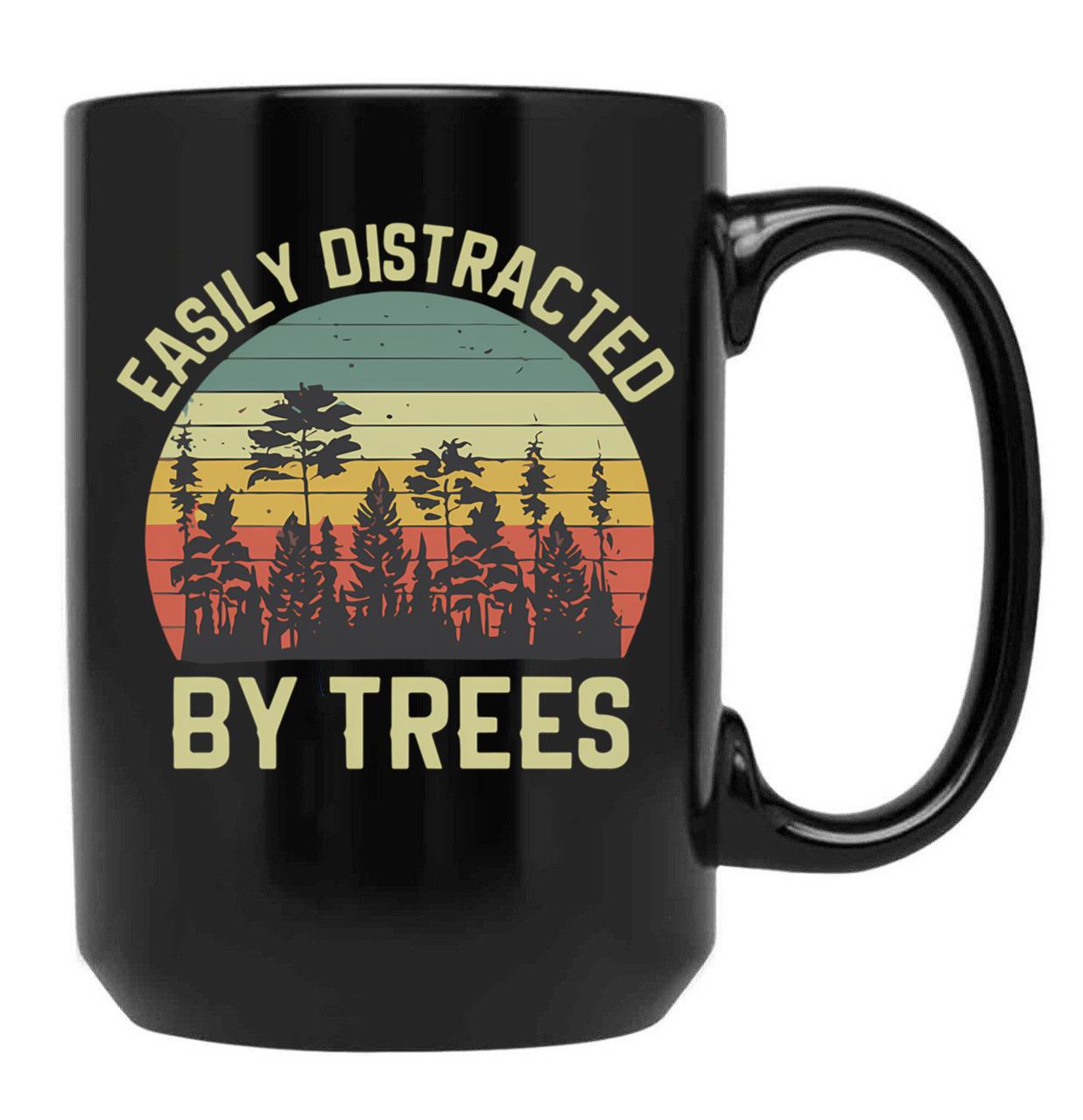 Easily Distracted By Trees Vintage Funny Tree Black Coffee Mug, Gift Coffee Mug