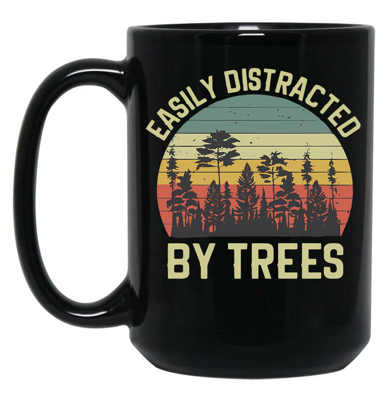 Easily Distracted By Trees Vintage Funny Tree Black Coffee Mug, Gift Coffee Mug