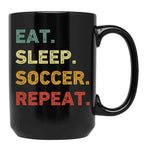 Eat Sleep Soccer Repeat Retro Funny Soccer Black Coffee Mug, Gift Coffee Mug