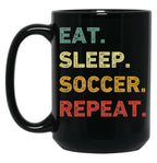 Eat Sleep Soccer Repeat Retro Funny Soccer Black Coffee Mug, Gift Coffee Mug
