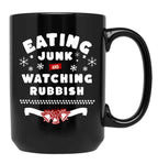 Eating Junk and Watching Rubbish Black Coffee Mug, Gift Coffee Mug