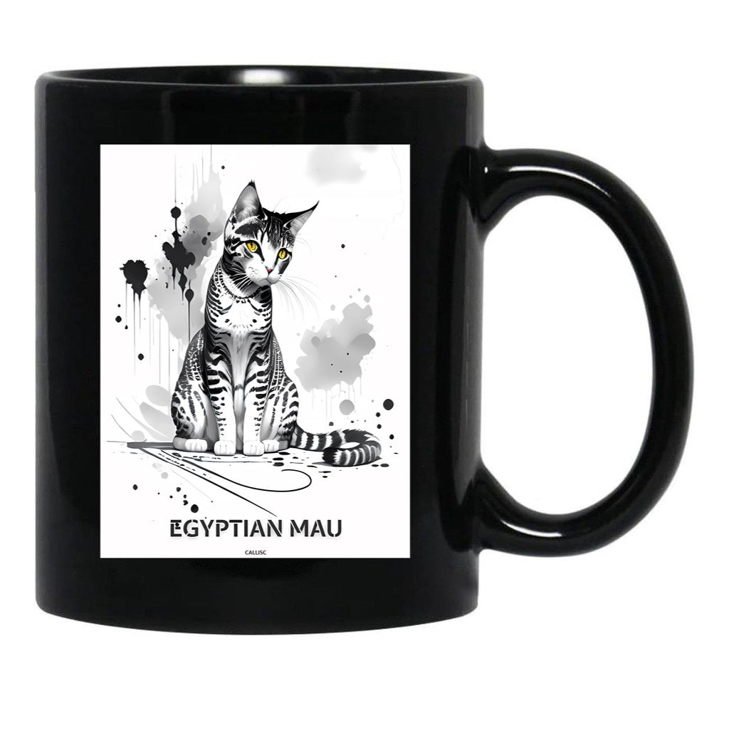 Egyptian Mau Cat Brush Sketch By Callisc Arts Black Coffee Mug, Gift Coffee Mug - Black