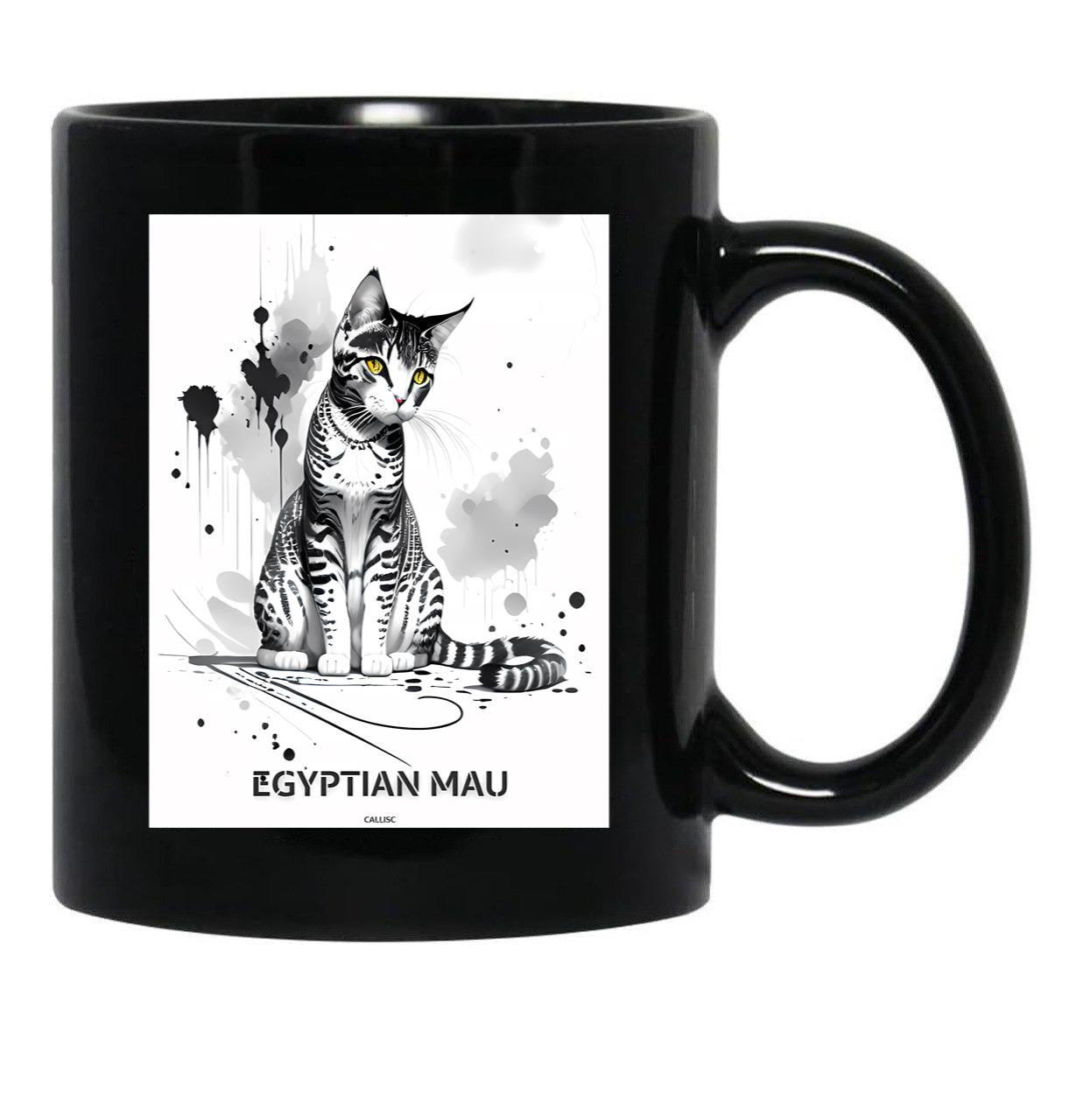 Egyptian Mau Cat Brush Sketch By Callisc Arts Black Coffee Mug, Gift Coffee Mug - Black