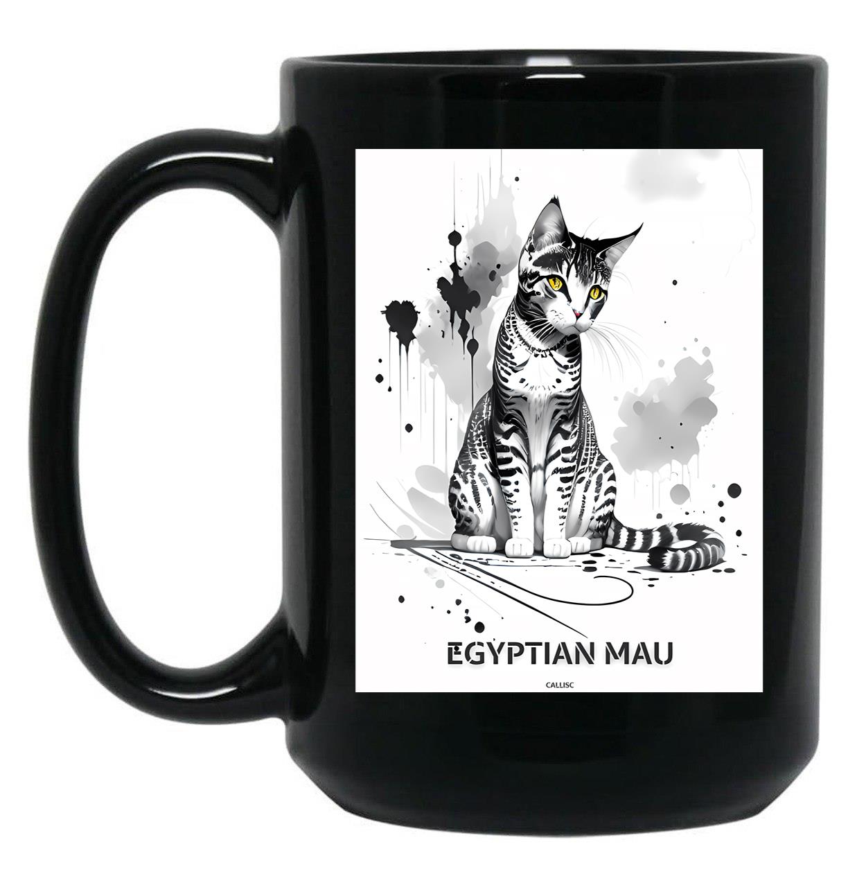 Egyptian Mau Cat Brush Sketch By Callisc Arts Black Coffee Mug, Gift Coffee Mug