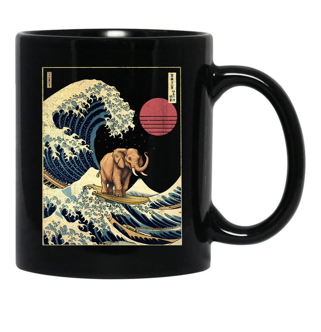 Elephant Kanagawa Japanese Surfing Wave Black Coffee Mug, Gift Coffee Mug - Black