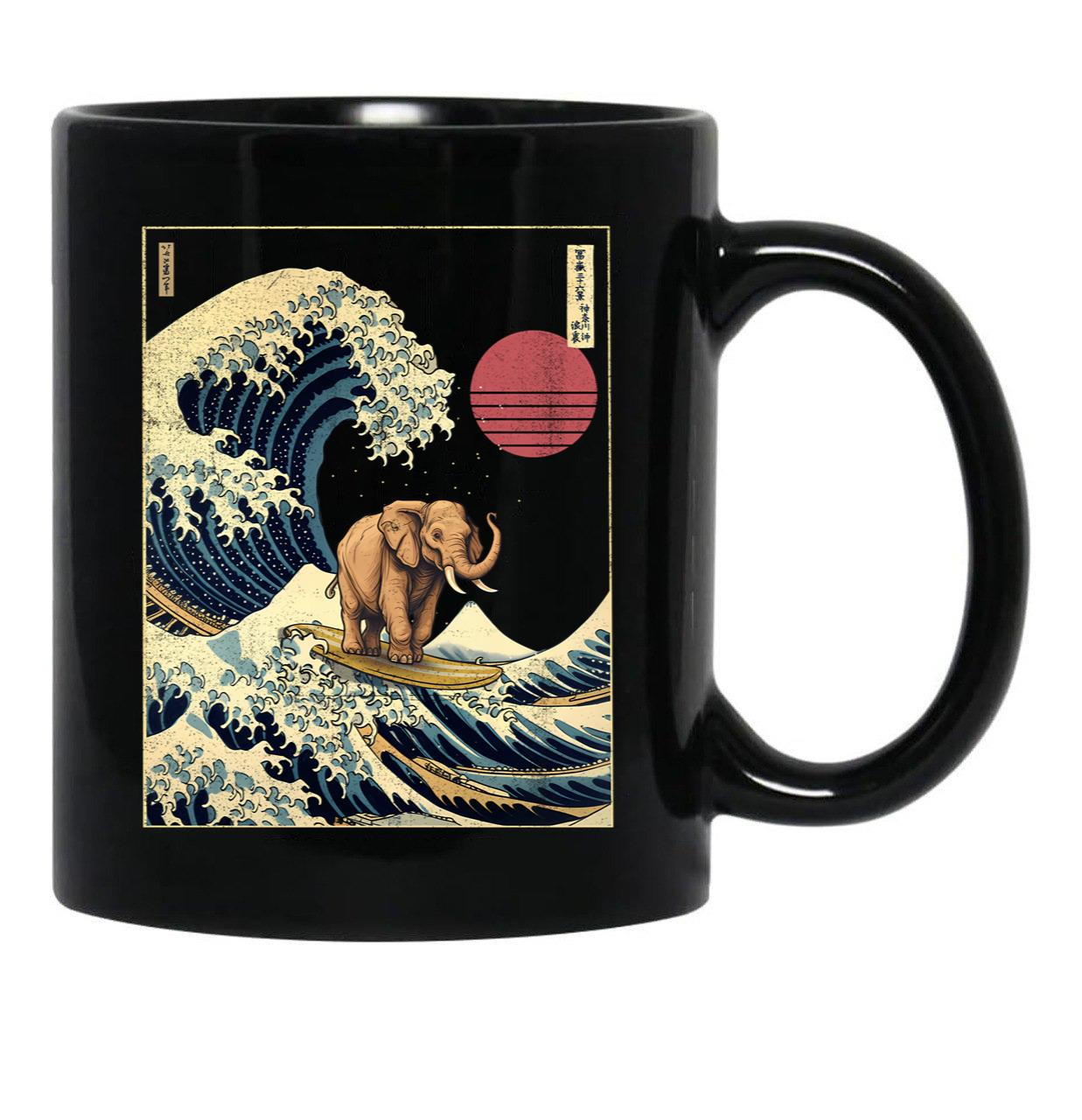 Elephant Kanagawa Japanese Surfing Wave Black Coffee Mug, Gift Coffee Mug - Black