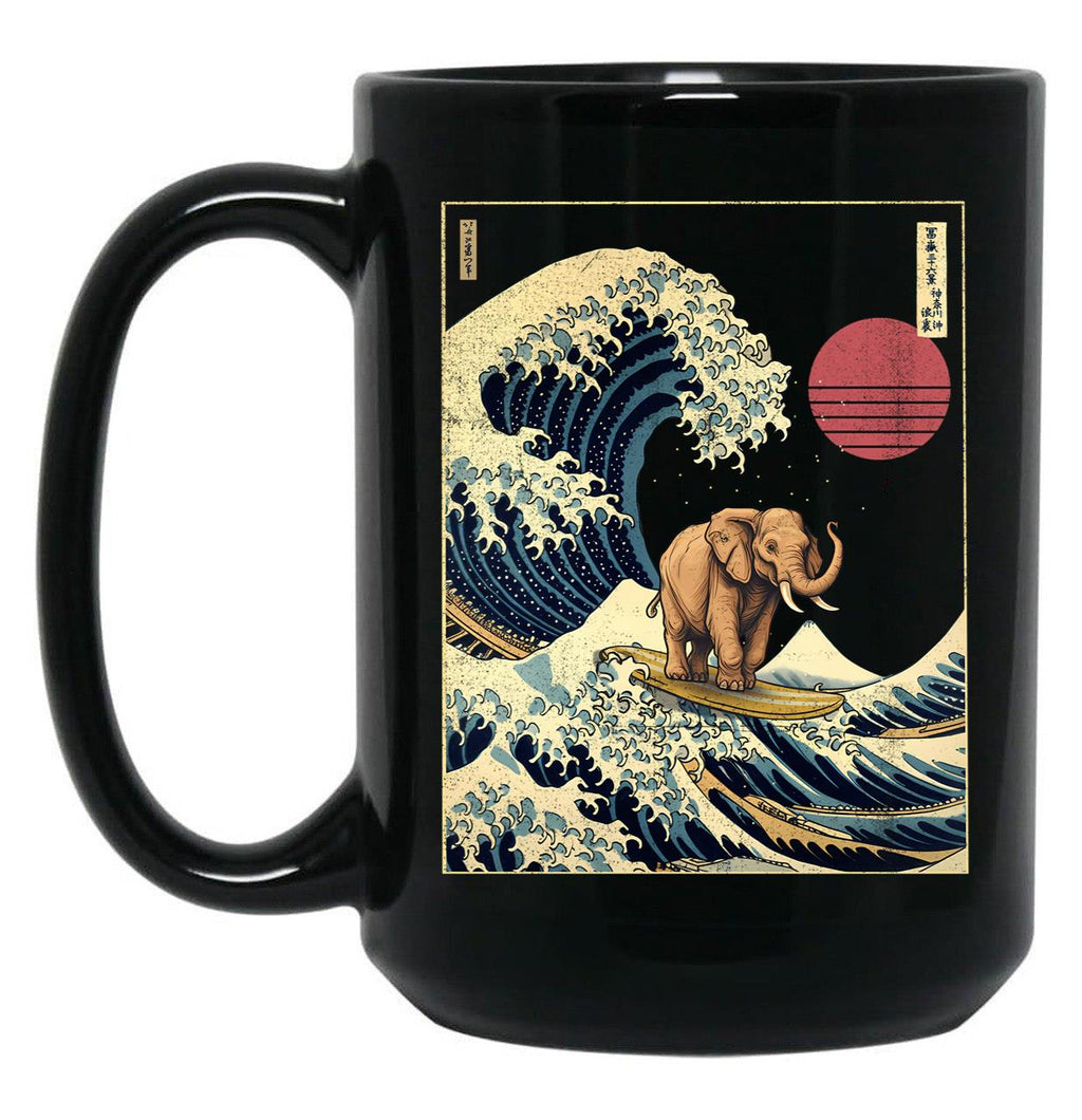 Elephant Kanagawa Japanese Surfing Wave Black Coffee Mug, Gift Coffee Mug