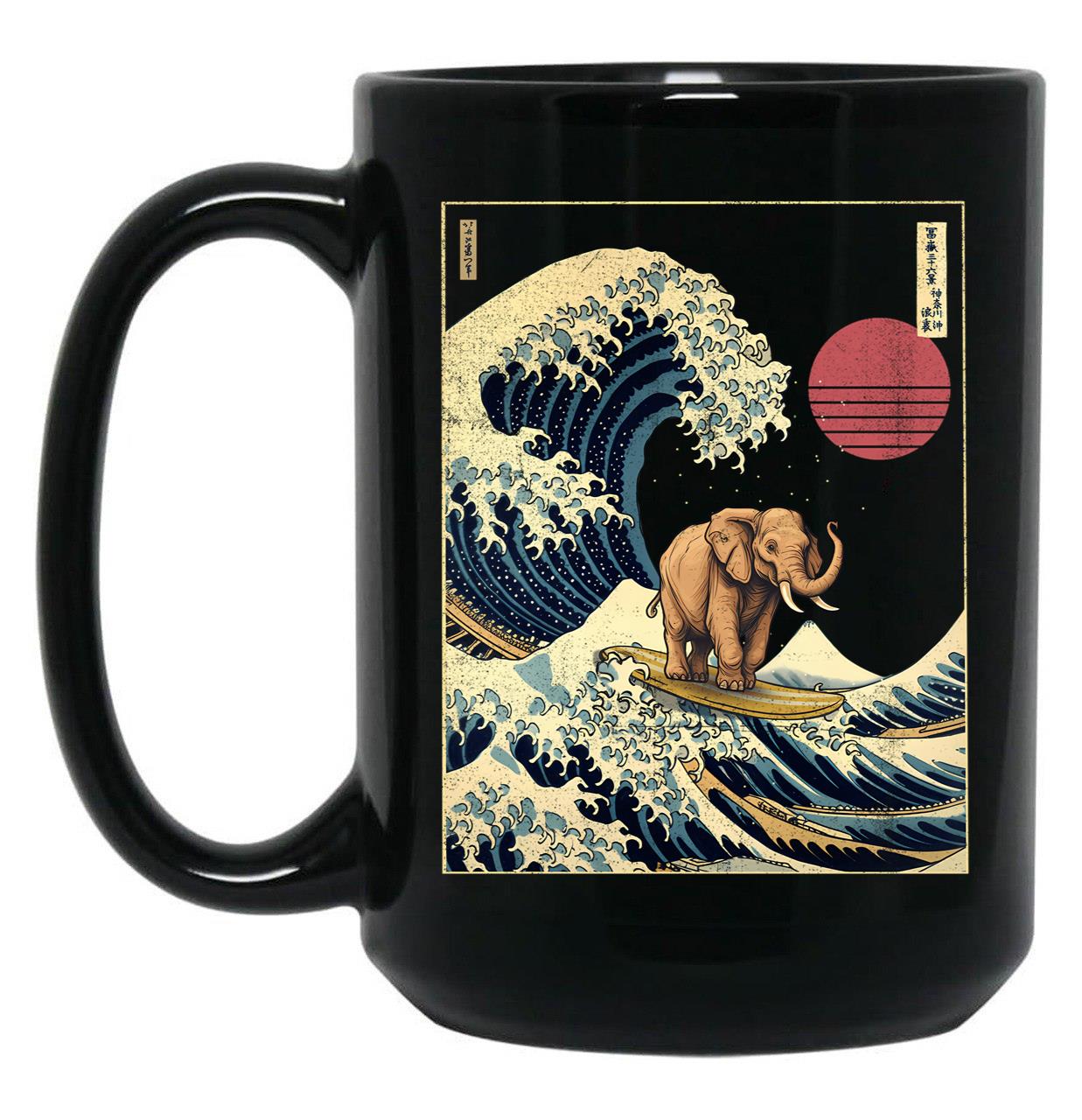 Elephant Kanagawa Japanese Surfing Wave Black Coffee Mug, Gift Coffee Mug