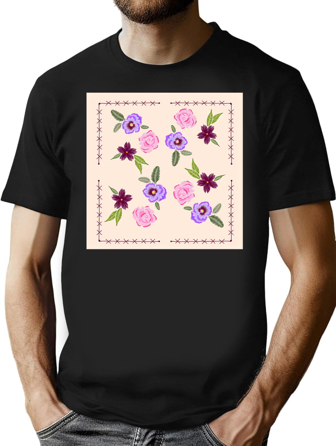 Embroidered Floral T-Shirt for Men & Women, T-Shirts Graphic Tee - Black