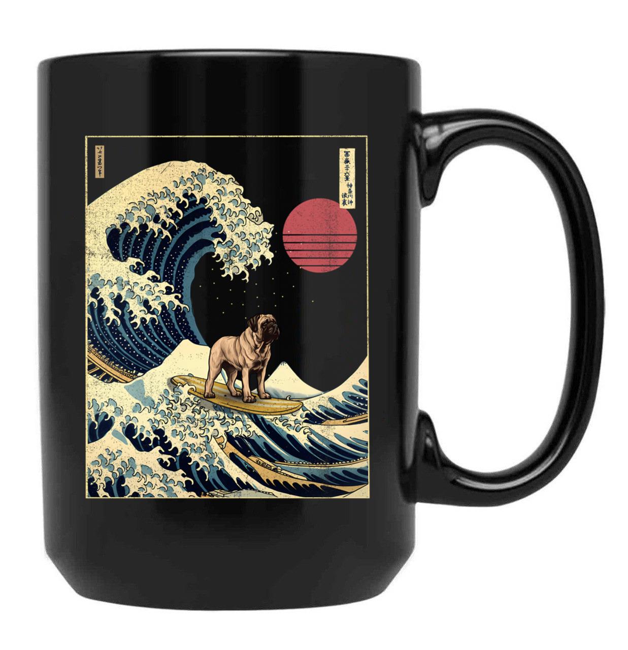 English Mastiff Kanagawa Japanese Surfing Wave Black Coffee Mug, Gift Coffee Mug