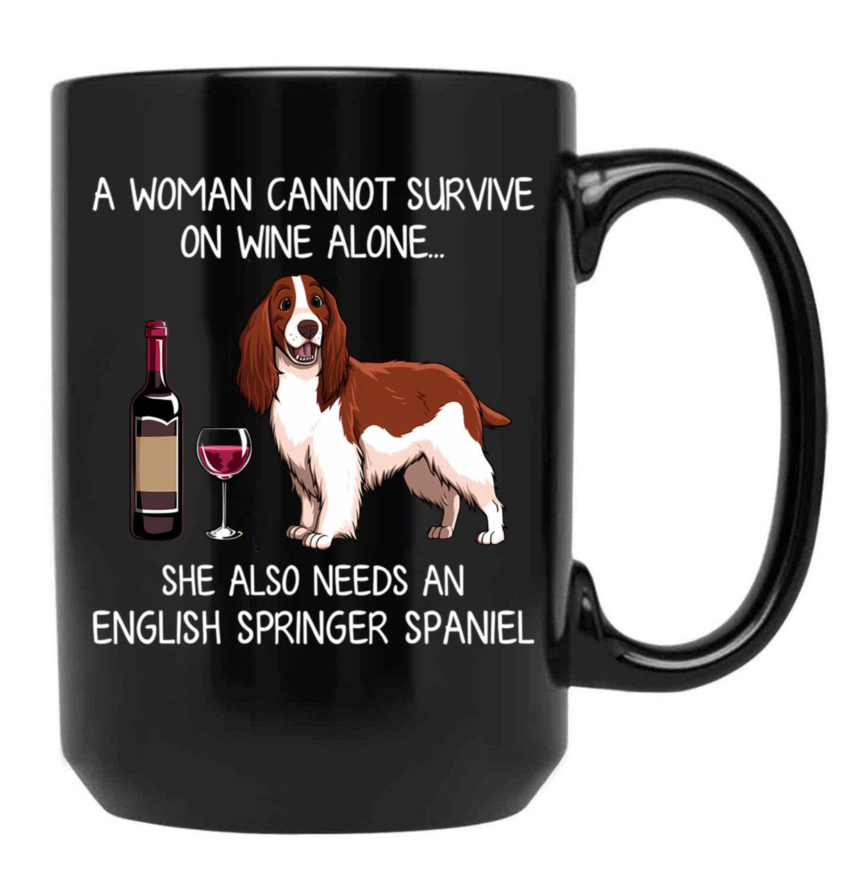 English Springer Spaniel And Wine Funny Dog Black Coffee Mug, Gift Coffee Mug